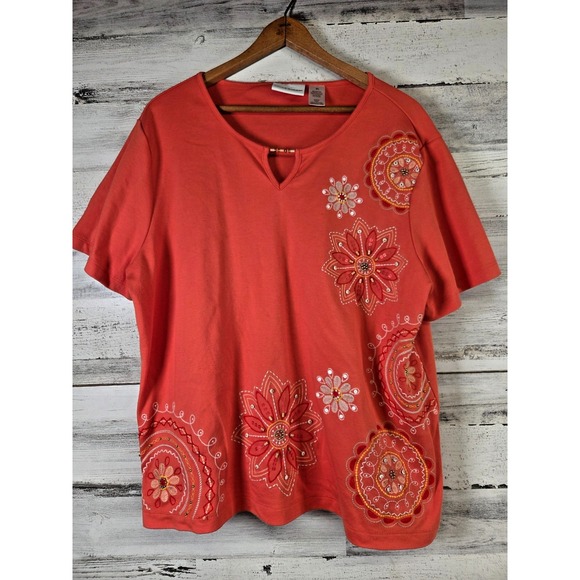 Alfred Dunner Tops - Alfred Dunner Womens XL Orange Short Sleeve Top Embroidered Floral Keyhole Neck
